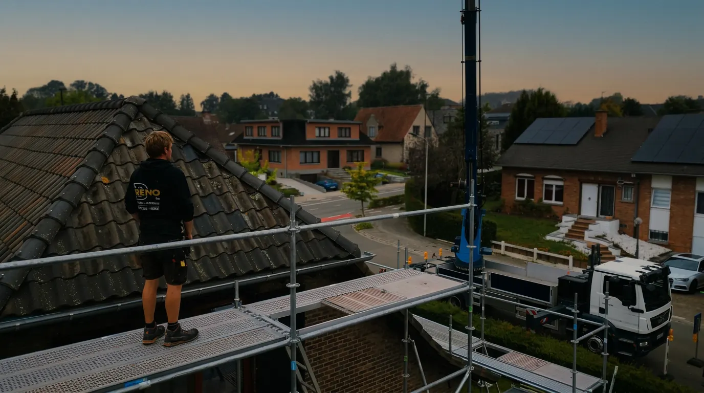 D-RENO dakdekker plaatst dakpannen met kraan op de werf