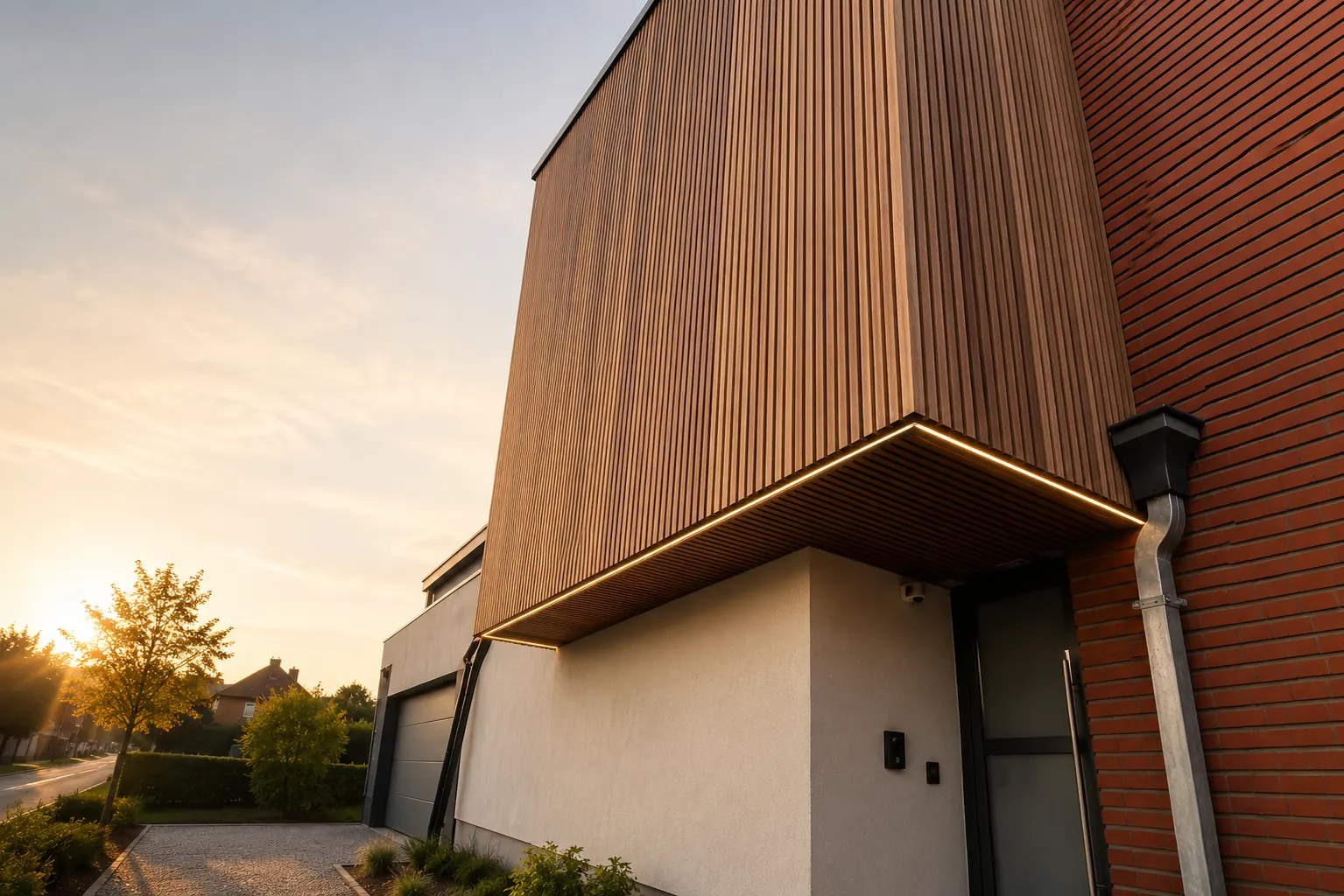 Architecturale gevel met houtbekleding en verfijnd lichtdetail bij zonsondergang