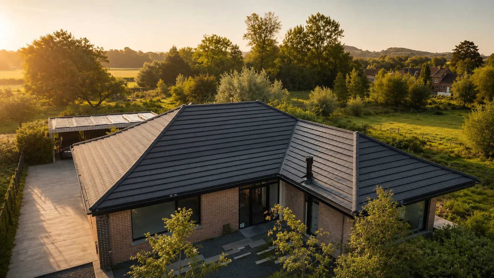 Moderne woning met donker pannendak in rustig avondlicht