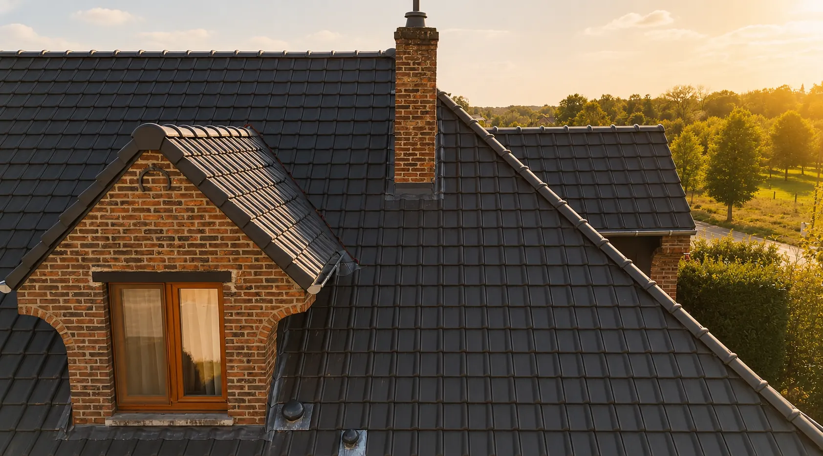 Dronebeeld van woning met warm rood pannendak in landschap