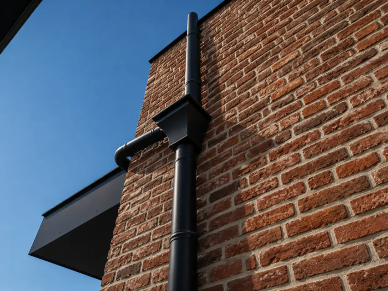 Detail van zinken afloop, aluminium dakrand en gevelaansluiting, De Castel