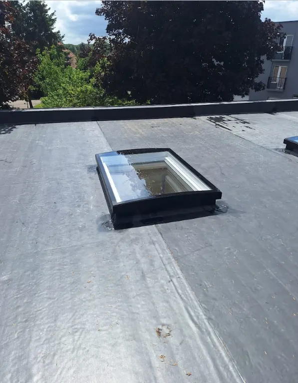 Detail van Complexe plat dak constructie & EPDM afwerking